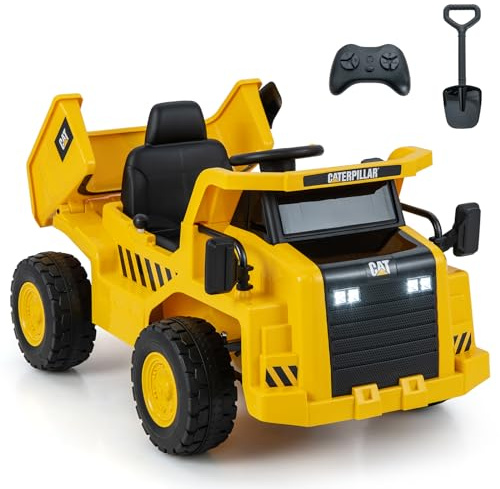 GYMAX Camion Ribaltabile Elettrico per Bambini 12V, Camion con Licenza Caterpillar, Veicolo Giocattolo a Batteria con Telecomando, Cassone Ribaltabile, Megafono, Musica, MP3, USB e Pala