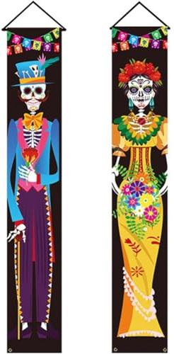 Lpitoy 2 Piezas De Decoración del Día De Los Muertos, Letrero para Porche, Pancarta para Puerta, Decoración del Día De Los Muertos, Decoraciones De Halloween, Calavera, Bandera Colgante para Puerta,