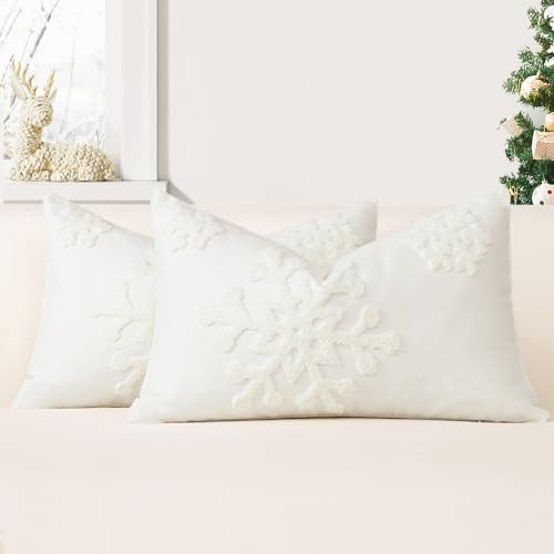 JOTOM 2er Set Weihnachten Kissenbezüge, Dekorative Winter Schneeflocke Wurfkissenbezug Moderne Kissenhüllen Sofakissen Dekokissen Zierkissenbezug für Wohnzimmer Schlafzimmer Deko (30x50cm, Creme Weiß)