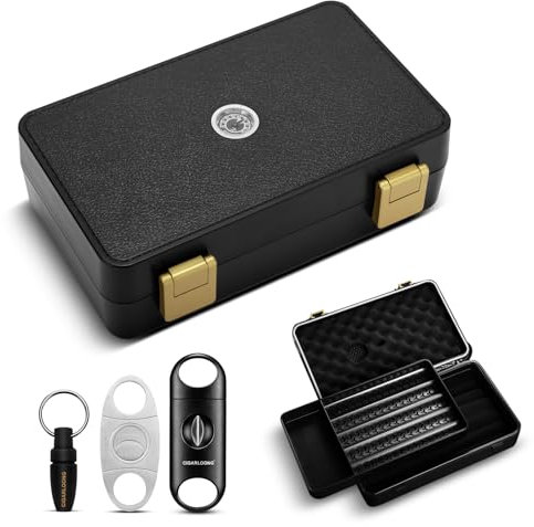 CLZOONG Zigarren Reise Humidor mit Luftbefeuchter und Hygrometer, Zigarrenkoffer mit 3 Zigarrenschneidern, hält bis zu 10 Zigarren (schwarz)