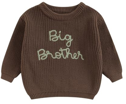 Xeadoffubio Pull en tricot pour bébé garçon Automne Hiver Lil Brother Pull en tricot à manches longues Col rond Lettres brodées Little Brother Pull en tricot côtelé, Marron-B, 3 ans
