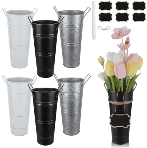 6 Sets Galvanized Bucket 10 Inch Metal Vase for Flower Rustic Flower Bar Supplies with Small Chalkboard Label (Black&White&Silver)