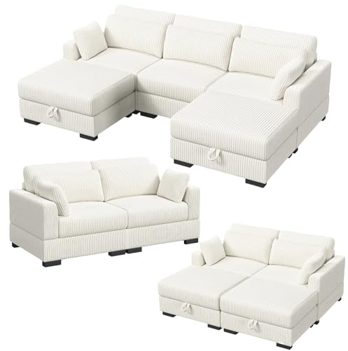 BRILVERDE Modulares Sofa, Schlafsofa mit Bettkasten, Eckcouch mit Schlaffunktion, L Förmiges Sofa Aus Cordstoff mit Kissen und Ottomane, Moderne Schlafcouch Für Wohnzimmer (2er, Beige)