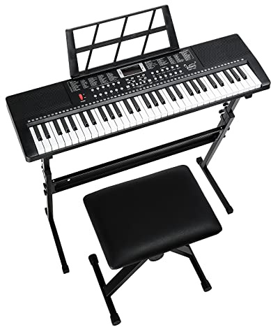 Bonnlo GEP-110 Clavier à 61 Touches avec Support de Piano, Banc de Piano, Haut-Parleurs Intégrés, Casque, Microphone, Repose-Partition, écran LED, Piano Numérique 3 Modes d'Enseignement pour Débutants