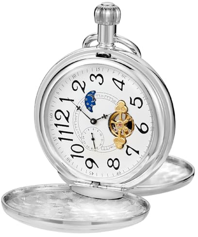 Tiong Vintage Unique Hollow Mechanical Steampunk Pocket Watch with Chain Skeleton Roman Numerals Pocket Watches for Men Gifts & Box