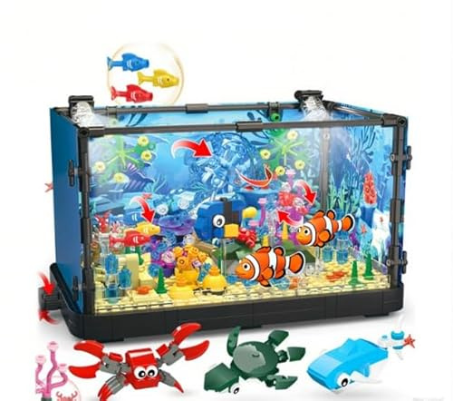 Juguete de construcción de acuario tanque de peces con luz LED, bloque de construcción de acuario, bloques de construcción de tanques de pesca, juego de construcción, con medusas giratorias, corales
