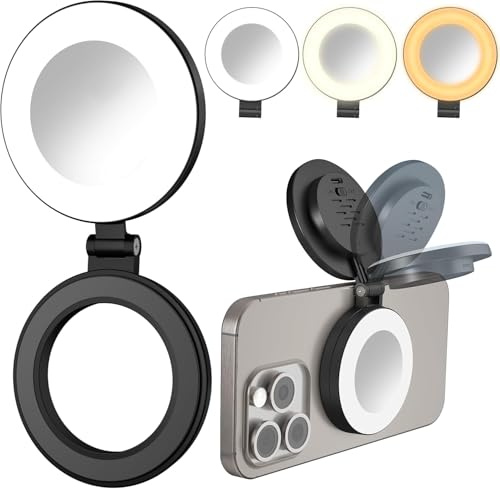 Magnetic Selfie Light for Laptop, iPhone, iPad, Built-in Mirror, Portable Phone Ring Light with 3 CCT & 10 Levels of Brightness, Selfie Ring Fill Light for Streaming, Vlogging, Podcasting