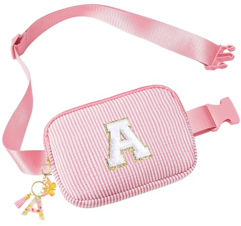 DOINEUFL Bauchtasche Kinder Mädchen, Bauchtasche Damen mit Schmetterlings-Buchstabenanhänger, Kosmetiktasche Personalisiert, Einstellbar Rosa Kulturtasche Mädchen für Frauen mit Buchstaben (A)