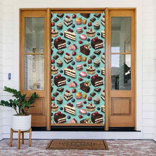 Decorazioni per porte – Stampa di torta di lamponi in stile cartone animato autunno inverno striscione per porta anteriore, copertura per cartello primaverile estivo da appendere sfondo per esterni e