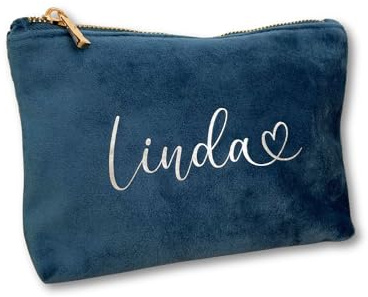Kosmetiktasche personalisiert mit Namen aus Samt | Edle Tasche mit Reißverschluss | Geschenkidee für Frauen, Freundin oder Mama | 4 Farben & 2 Größen – handveredelt in Deutschland (Blau, Klein)