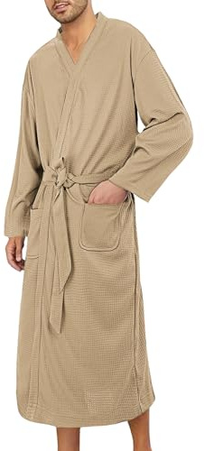 Men's Bathrobes | Waffle Textured | Solid Color Long Waffle Sauna Bath Robe,for Spa Bath Shower Home Hotel XX-Large Khaki