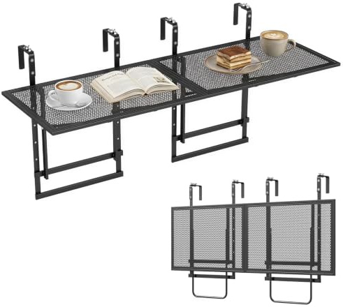 COSTWAY Balkongbord fällbart set om 2, balkonghängbord för upphängning | 5-vägs höjdjusterbar, fällbord av metall, rektangulärt hängande bord för balkong, 20 kg lastkapacitet, 121 x 40,5 cm