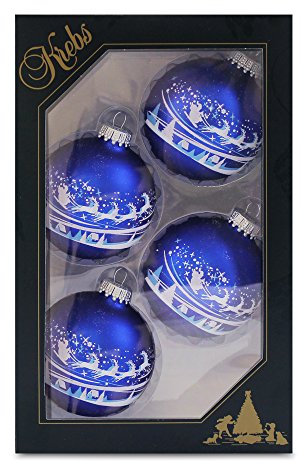 Krebs Glas Lauscha - Set mit 4 Christbaumkugeln in Blau und Weiß - Santa über Dorf - Größe ca. 7 cm