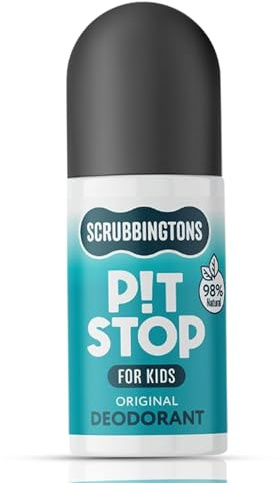 Scrubbingtons Pit Stop Kids Deodorant – Natürlicher Roll-on für Kinder & Teenager. 98% natürliche Inhaltsstoffe – für empfindliche Haut. Aluminium- & alkoholfrei, Original, 75 ml.