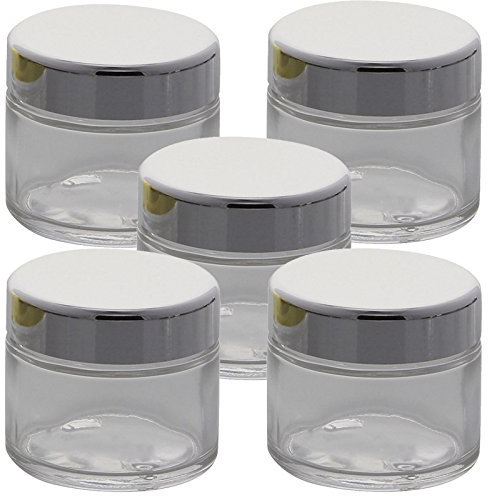 Klar Glas-Tiegel 50ml mit Silber Deckel, Leere Kosmetex Glas Creme-Dose, Kosmetik-Dose aus Klarglas, Klar - Silber, 5 Stück