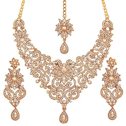 Touchstone Indian Bollywood traditional royal look attractive filigree carving white Rhinestone grand bridal designer jewelry necklace set for women in antique gold tone
