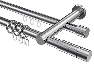 INTERDECO Rundrohr-Innenlauf-Gardinenstange 20 mm 2-läufig, moderne Rohr-Innenlaufstange aus Metall, Chrom, zur Wandmontage, Typ 10223812, 200 cm
