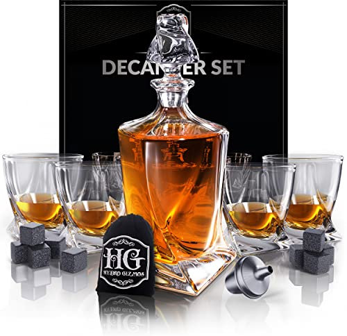 Premium Glass Decanter Set, Whiskey Decanter Set 4 Liquor Glasses, Mens Gift 9 Cooling Whisky Stones and Funnel for Rum, Scotch, Bourbon, Whisky, Crystal Clear Liquor Decanter Drinking Set (Glass)