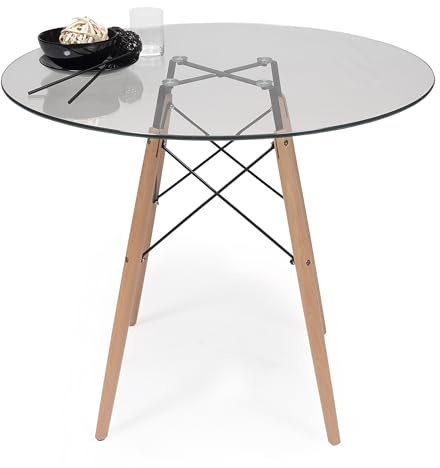 Homely - Mesa de Comedor Tower 100 Vintage | Mesa de Cristal Redonda | Diseño Nórdico para Comedor, Cocina, Oficina, Estudio | Patas de Madera de Haya | Cristal Transparente | 100 cm Diámetro
