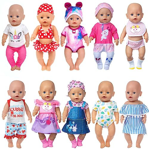 ebuddy 10 Set Puppenkleider Zubehör für 43cm / 17 Zoll Neugeborene Babypuppen Dazu gehört EIN Jeanskleid Bikini Outfit (Keine Puppe)