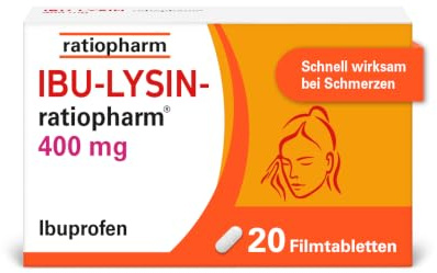 IBU-LYSIN-ratiopharm 400 mg Filmtabletten, 20 Stück, Schmerzmittel | Die schnelle Hilfe gegen Schmerzen. Schmerzmittel mit dem Wirkstoff Ibuprofen-Lysin.