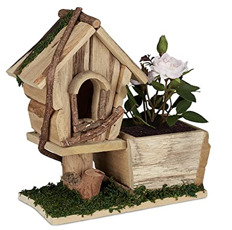 Relaxdays Vaso con Casa per Uccelli, Decorazione Portafiori con Muschio, Rustica, per Interni & Esterni, Naturale/Verde