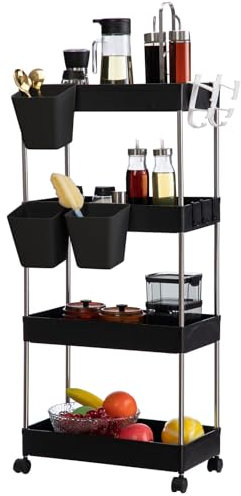 DOEWORKS Servierwagen mit Rollen Schmal Rollwagen Küchenwagen 4 Ebenen Aufbewahrungswagen mit 3 Hängebechern für Küche Badezimmer Schlafzimmer Büro, Schwarz