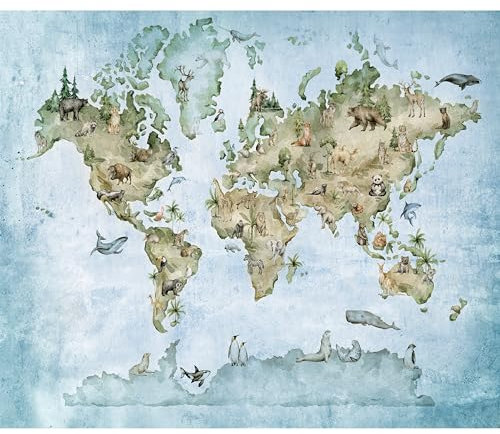 murando - Vlies Fototapete Weltkarte für Kinder 350x256cm Foto Tapete Schlafzimmer Wohnzimmer Vliestapete XXL Motivtapeten Bildtapete 3d Effekt Wand Dekoration - Kindertapete Tiere wie gemalt