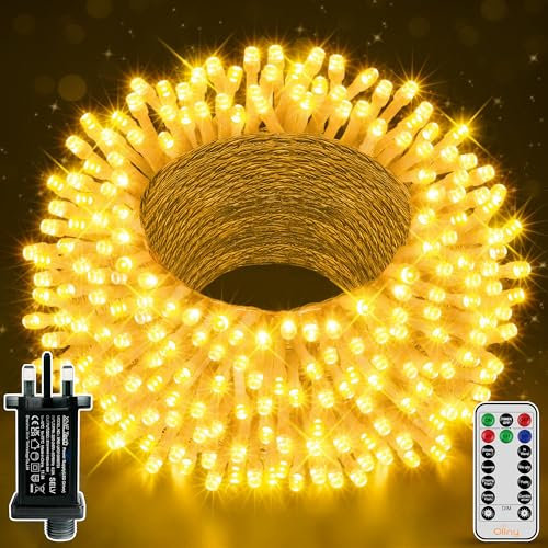 Ollny Christmas Tree Lights, 30m 300 LED Fairy Light Mains Powered, Waterproof Outdoor String Light with Remote/Plug/Modes/Timer, Bright Warm White Lighting Outside Indoor Garden Xmas Decorations