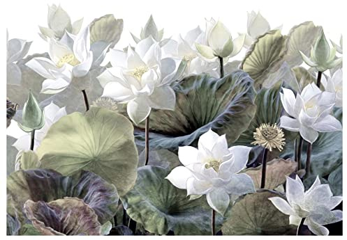 wandmotiv24 Fototapete Blüten Malerei Natur Blätter, XXL 400 x 280 cm - 8 Teile, Wanddeko, Wandbild, Wandtapete, Lotus Blumen Vintage grün weiß M6849