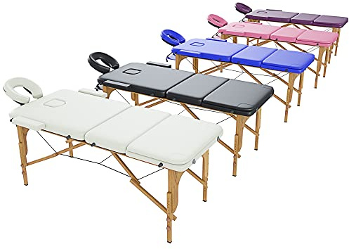 Lettino da Massaggio 3 Zone In Legno Pannello Reiki Angoli Arrotondati Rinforzati Pieghevole Portatile Fisioterapia Estetica Altezza Regolabile Poggiatesta Braccioli Staccabili 210 x 78 cm (Panna)