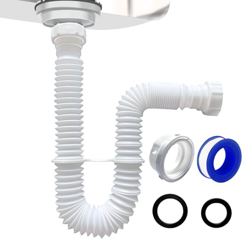 VIVIDA Flexible Sink Drain Pipe, 1-1/2 Expandable Flexible P Trap Drain Pipe, 11-31.5 Sink P Trap for Bathroom & Kitchen, 1-1/4 Adapter Included, White, 1 Pack