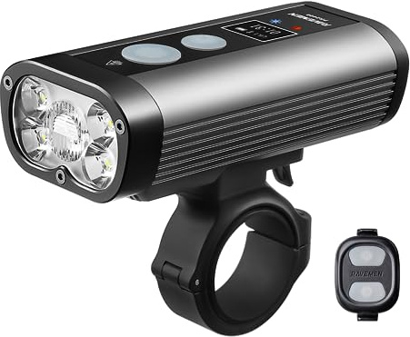RAVEMEN PR2400 Bike Light for Mountain Biking, 2400 Lumens Bike Headlight with OLED Runtime Display, USB Output, Far Reaching High Beam, Anti-Glare Low Beam, IPX8 Waterproof