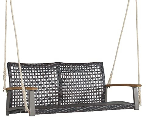 LIFEZEAL Hängeschaukel Rattan, Hängebank Gartenschaukel für 2 Personen, Doppelschaukel aus PE-Rattan mit Terrassenseile, Hollywoodschaukel mit Rückenlehne & Armlehnen aus Holz, bis zu 360 kg