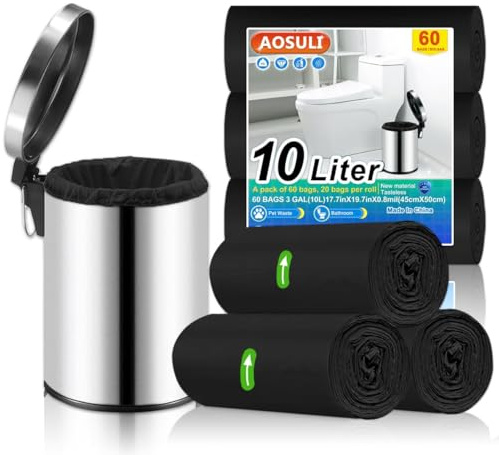 AOSULI Bolsas de basura pequeñas de 10 l, 60 unidades, color negro, para oficina, cuarto de baño, inodoro
