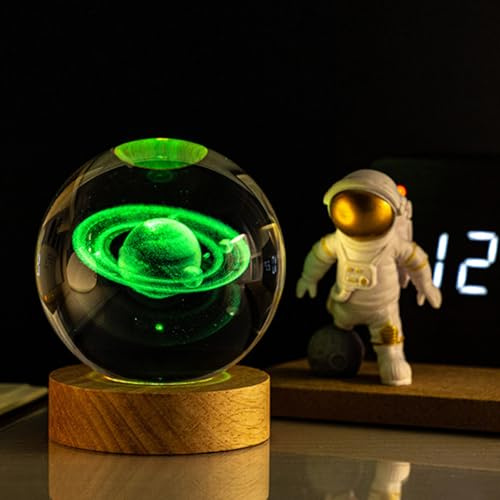HeZhiNing er Bambini a Forma di Sfera in Vetro, Base a LED con 7 Luci che Cambiano Colore, Decorazione in Cristallo Regali (Saturno)