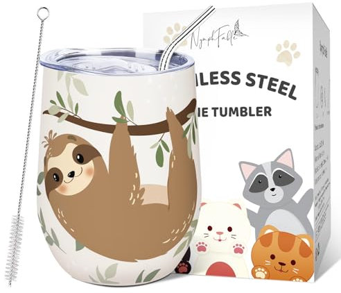 NymphFable 12oz/350ml Edelstahl Thermobecher Kaffeebecher to go, Faultier Weinbecher Weinglas Mit Deckel und Strohhalm, Kaffee, Cocktails