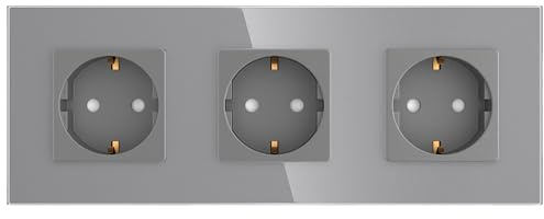 PULSAR Steckdose Unterputz 3-Fach Glas Grau, Schuko-Wandsteckdose 16A | Steckdose Grau 3-Fach Glas Unterputz, Schuko Wandsteckdose 16A, 228 x 86mm mit Kindersicherung, Dreifach-Steckdose