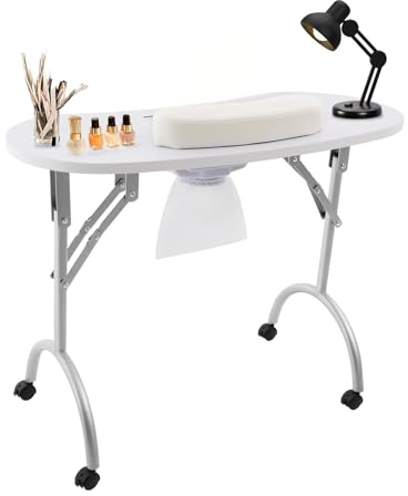 Tavolo per Manicure Pinuox, Pieghevole con Aspirazione, Portatile con Ruote (Bianco)
