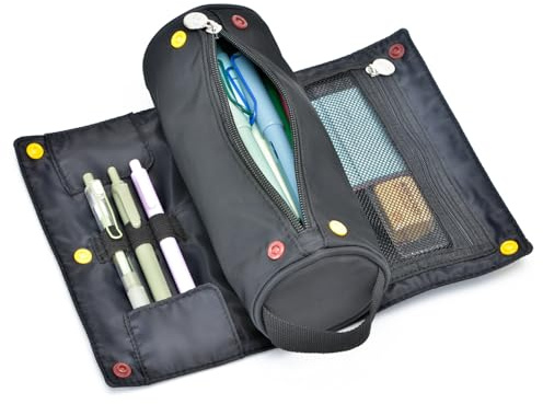 Lanxivi Federmäppchen mit großem Fassungsvermögen, aufrollbares Design, multifunktionaler Stifthalter, Schreibwaren-Stifttasche für Teenager, Mädchen und Jungen, Camping-Stil, Schwarz