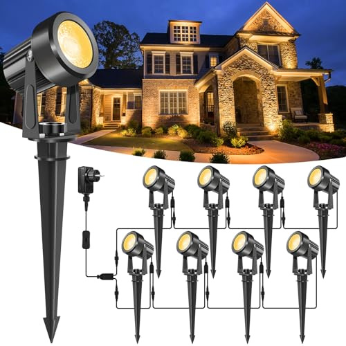 NATPOW Gartenbeleuchtung mit Strom, 8er Set/19M Warmweiß 3000K Gartenlampen für Draußen, 27V Gartenstrahler mit Erdspieß, IP65 Wasserdicht Gartenleuchten Set für Garten Rasen Pfad Bäume Außen
