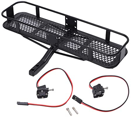 equlup RC Car Back Hitch Carrier, 8pcs LED RC Roof Rack Luggage Carrier Metal Rear Bumper Back Hitch Carrier with Light for 1/10 RC Car Upgrade Parts