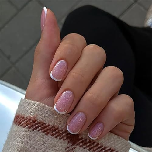 24STK Press on Nails Kurz, Weiß French Nails, Glitzer Rosa Künstliche Nägel Fingernägel zum Aufkleben, Kunstnägel Fake Nails Klebe Nägel Set Acrylnagelspitz Damen Nagel Zubehör