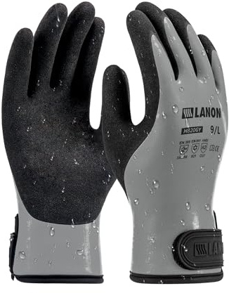LANON Gants de Travail Hiver pour Hommes et Femmes, Double Revêtement en Caoutchouc, Thermiques, Imperméables, Antidérapants, Gris, Taille S