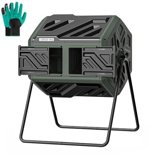 THEGROW'ING 43 Gallon Dual Chamber Compost Bin with Built-in Nuts, Outdoor Rotating Composter Tumbler for Garden Backyard, Green