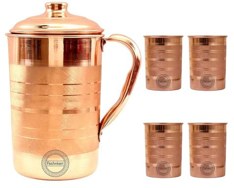 Brocca in rame puro con 4 bicchieri per i benefici per la salute ayurvedici Brocca per acqua in rame artigianale da 1,5 litri con 4 tazze