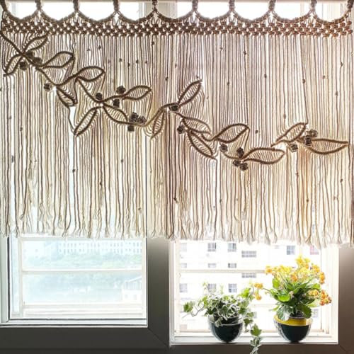 Macrame Curtains with Wooden Beads, Short Woven Bistro Curtain, Decorative Wall Hanging, Outdoor Door Curtain, 100x80cm Dragonfly Design, Stylish Room Divider Decor