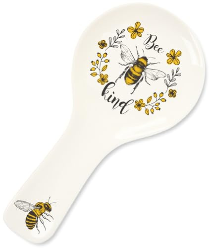 FYSUIMU Biene Keramik Löffelablage Gelb Schwarz Bee Blume Kochlöffelhalter für Sommer Herd Top Küche Theke Dekor