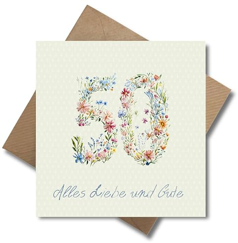 WBdesignz Geburtstagskarte 50 mit Umschlag – Florale Geschenkkarte „Alles Liebe und Gute“ zum 50. Geburtstag – Glückwunschkarte Blumen Jubiläum Frau Mann stilvoll (125 x 125 mm)