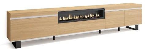 Skraut Home | TV-Schrank, Lowboard | für Wohnzimmer und Esszimmer | 288x57x35 cm | Für großformatiges TV | Elektrokamin. | Industriedesign | Moderner Stil | Eiche Soft und weiß